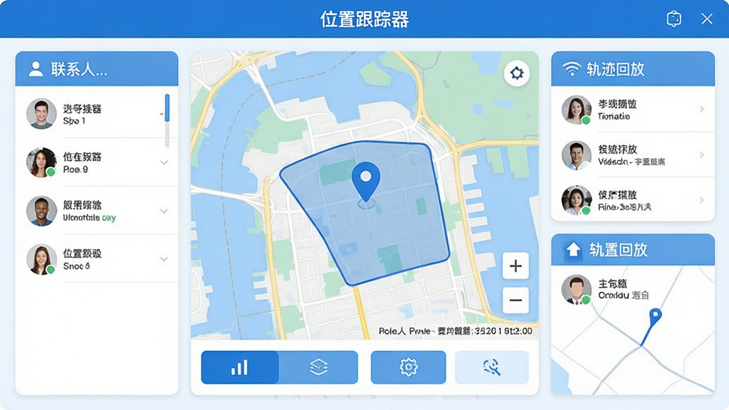 位置跟踪器软件主界面预览图,展示地图定位、联系人列表、轨迹回放三大核心模块,整体风格简约清晰,以蓝色为主色调,地图占屏幕中央,底部设有功能按钮,文字标注