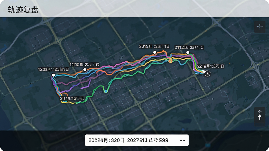 位置跟踪器历史轨迹复盘界面,地图上显示彩色轨迹线条与时间节点,底部有日期选择器,界面干净,文字标注
