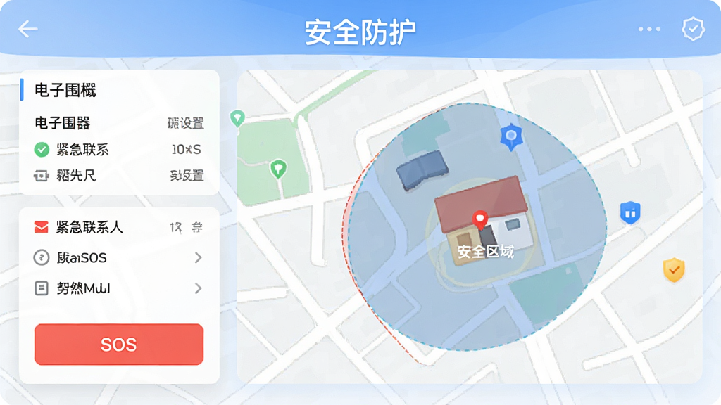 位置跟踪器安全防护功能界面,展示电子围栏设置、紧急联系人列表,带SOS按钮,地图上显示安全区域范围,整体风格清爽,文字标注