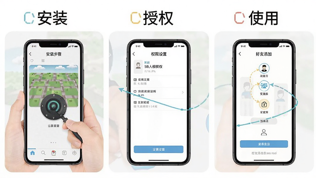 位置跟踪器使用教程示意图,展示手机安装步骤、权限设置界面和好友添加流程,画面分为三个小图,配以文字标注