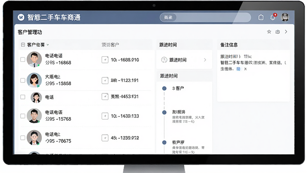 智慧二手车车商通客户管理功能截图,显示客户列表、跟进时间线、备注信息,界面列表清晰,有头像和电话号码标识,风格简约商务,画质高清