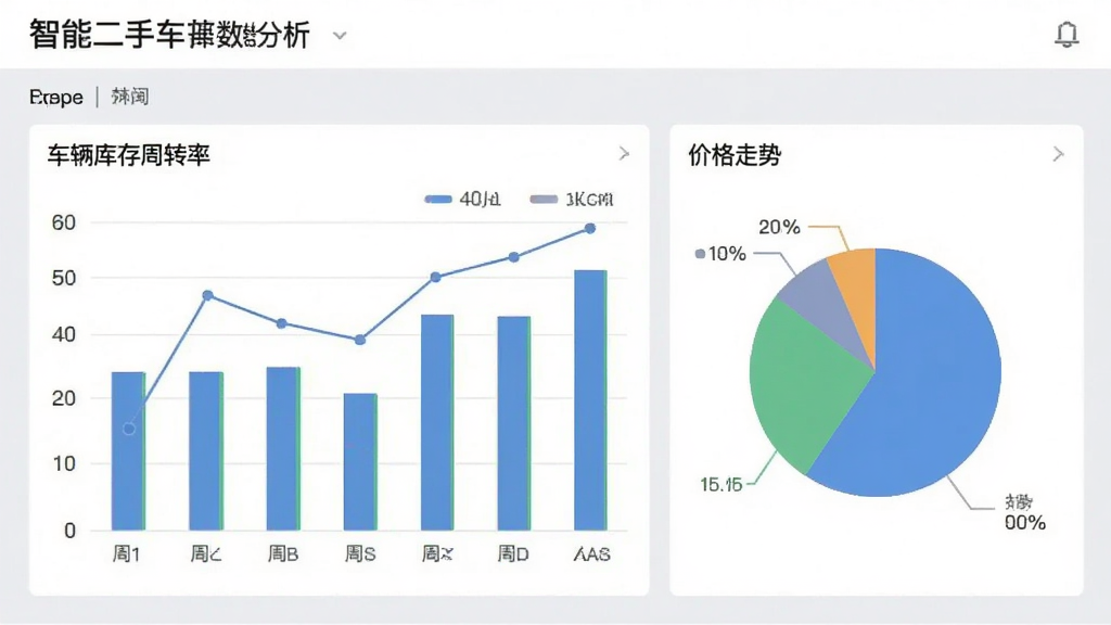 智慧二手车软件车辆数据分析页面,展示柱状图与饼图,包含车辆库存周转率、价格走势等数据可视化元素,背景为浅灰色,界面清晰,商务风格,画质干净