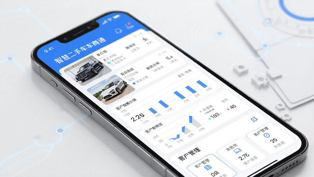 智慧二手车车商通APP主界面手机展示图,界面设计简洁商务,采用蓝白主色调,屏幕中清晰显示车辆列表、数据分析图表和客户管理模块,布局合理,风格现代科技感,画质高清干净无多余元素