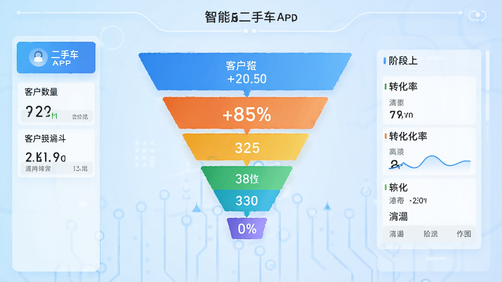智慧二手车APP销售漏斗图界面,显示不同阶段的客户数量与转化率,色彩明亮,数据清晰,背景为淡蓝色科技风格,画质干净整洁