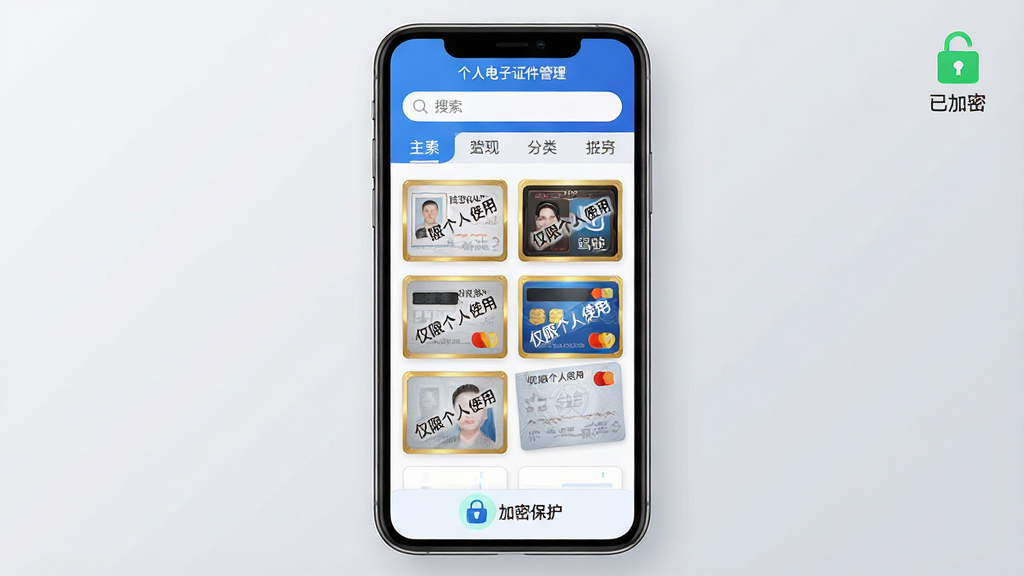 主体:一款名为“个人电子证件管理”的手机应用界面,屏幕上整齐展示着身份证、驾驶证、银行卡等多种电子证件卡片,卡片带有金色边框和水印。布局:手机居中,屏幕内卡片呈网格状排列,上方有搜索栏和分类标签,底部有“加密保护”状态图标。排版:清晰简洁,证件卡片大小统一,间距均匀,界面采用蓝白主色调。风格:现代扁平化,科技感与安全感并存。细节:每张证件卡片上印有“仅限个人使用”水印,屏幕右上角显示“已加密”绿色小锁标志,背景为浅灰色渐变。画质:高清、干净、无多余元素。
