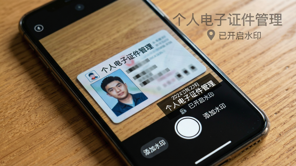 主体:一部手机正在拍摄一张身份证,屏幕上显示拍摄界面,带有“个人电子证件管理”水印,水印包含日期、时间和定位信息。布局:手机斜放,身份证置于画面中央,拍摄界面下方有快门按钮和“添加水印”开关。排版:水印文字清晰可见,位于证件照片右下角,背景为木桌。风格:真实场景拍摄风格,光线自然。细节:身份证信息部分打码处理,水印采用半透明黑色字体,手机屏幕显示“已开启水印”提示。画质:高清、干净、无多余元素。