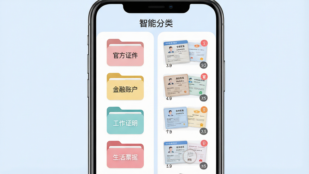 主体:手机屏幕展示“个人电子证件管理”应用的分类界面,左侧为“官方证件”、“金融账户”、“工作证明”、“生活票据”四个彩色文件夹图标,右侧为对应分类下的证件缩略图。布局:手机居中,界面采用左右分栏设计,上方有“智能分类”标题。排版:分类图标为圆角矩形,证件缩略图整齐排列,整体布局清晰。风格:清新简约,图标色彩柔和。细节:每个文件夹图标上标注分类名称,证件缩略图下方显示数量角标,背景为淡蓝色。画质:高清、干净、无多余元素。