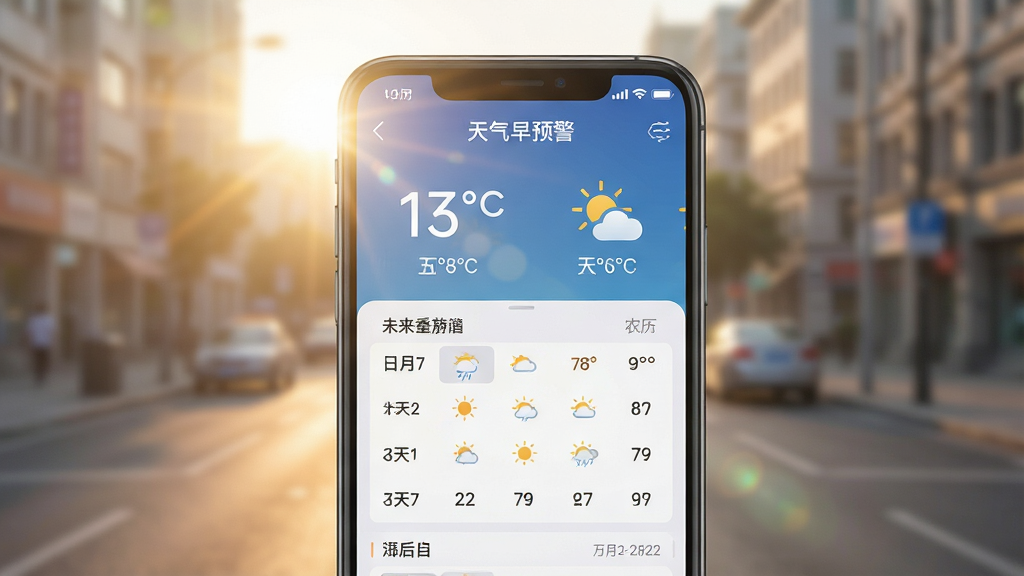 主体为智能手机屏幕特写,屏幕内显示“天气早预警”APP界面,界面布局清晰展示当前温度、天气图标、未来7天预报列表及农历日期。背景为虚化的城市清晨街景,阳光柔和。排版采用居中构图,手机为视觉焦点。风格为现代科技感写实风格。细节包括屏幕反射光晕、界面数据清晰可读,画质高清干净,无多余元素。