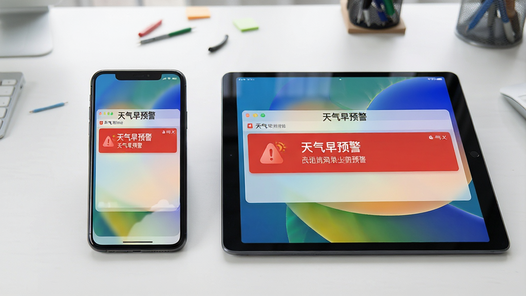 主体为一部手机与一部平板电脑并排放置在桌面上,屏幕均显示“天气早预警”的预警推送通知界面。布局为平行构图,背景为简洁的工作台。排版突出通知栏的红色预警横幅。风格为写实产品展示风格。细节包括通知横幅文字清晰、设备反光自然,画质干净整洁,无多余元素。