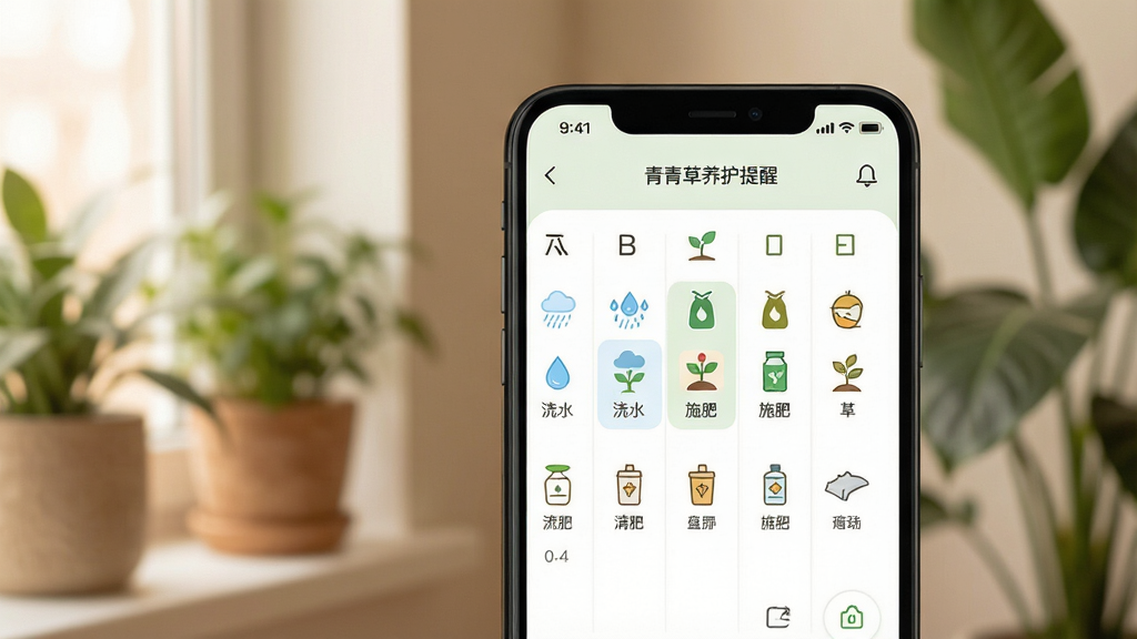 һ��չʾ������������ѹ��ܵĽ��棬����Ϊ�ֻ���Ļ����Ļ����ʾһ��ֲ�������������������ˮ��ʩ�ʵ�ͼ�꣬����Ϊ��ܰ��������ֲ������Լ������������ϸ�ڷḻ��������ͣ��ɾ��޶���Ԫ��