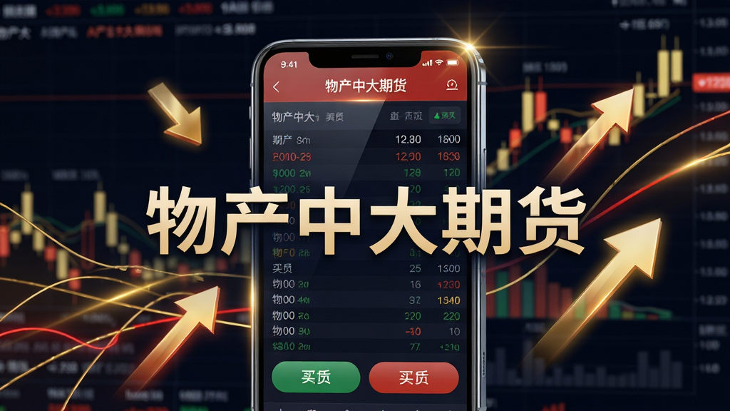 主体:一部智能手机屏幕显示物产中大期货APP界面,背景是动态的期货行情K线图;布局:手机居中,周围环绕金色和红色数据线条与闪烁的涨跌箭头;排版:简洁大气,突出软件名称“物产中大期货”字样;风格:现代科技感、金融商务风;细节:屏幕内可见行情数字滚动、买卖按钮,光线反射在手机边缘;画质:超清渲染,干净无多余元素。