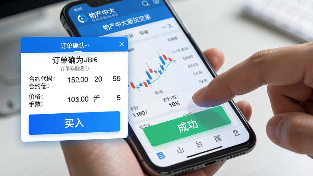 主体:手指点击手机屏幕上的“买入”按钮,界面为物产中大期货交易下单页面;布局:手机占主画面,左侧浮现订单确认框;排版:按钮醒目,颜色鲜明;风格:金融科技风,蓝白配色;细节:显示合约代码、价格、手数,成交后弹出成功提示;画质:细节丰富,干净无多余元素。