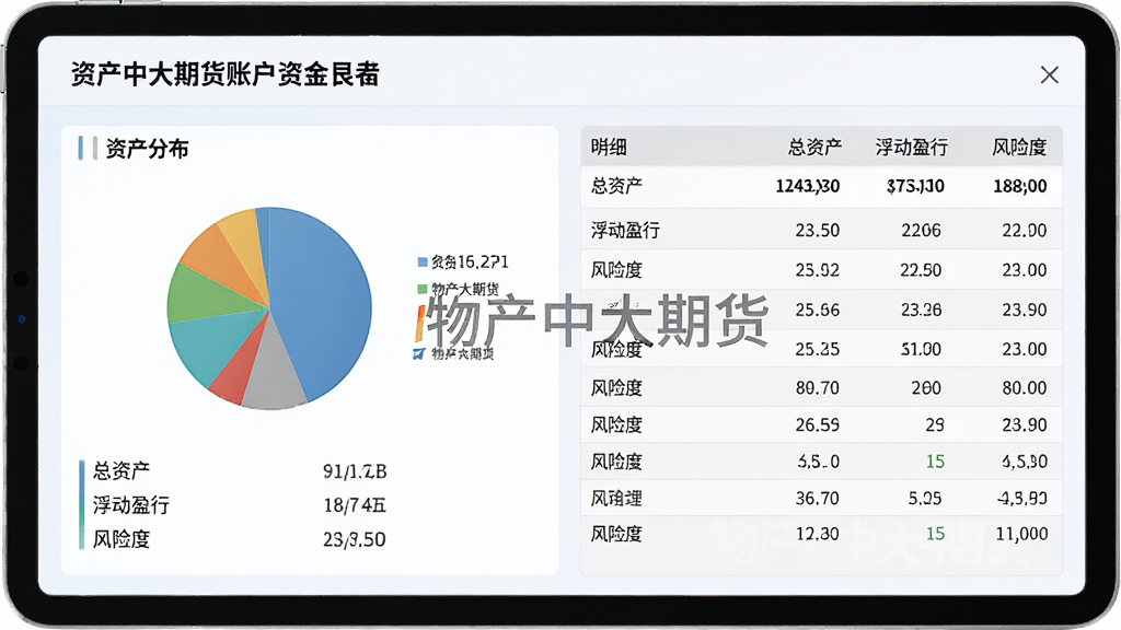 主体:平板设备展示物产中大期货账户资金页面,包含饼状图和数字列表;布局:左侧资产分布,右侧明细表格;排版:简洁直观,数据可视化;风格:企业级财务管理风格,浅色背景;细节:显示总资产、浮动盈亏、风险度,有“物产中大期货”水印;画质:清晰锐利,干净无多余元素。