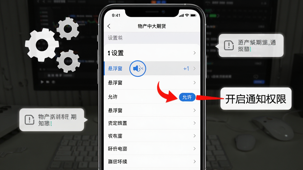 主体:一张手机截图显示物产中大期货的“设置”页面,高亮“悬浮窗”选项;布局:手机居中,周围有齿轮图标和提示框;排版:清晰,选项列表排列整齐;风格:系统设置风格,白底黑字;细节:红色箭头指向“允许”按钮,旁边有文字“开启通知权限”;画质:干净无多余元素。