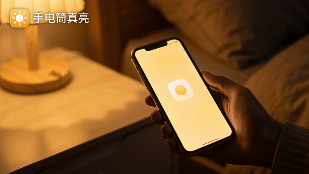 特写镜头展示一只手在夜晚拿着手机,屏幕亮起柔和的暖黄色光,光线洒在床头柜上,营造出温馨宁静的氛围。画面上方有