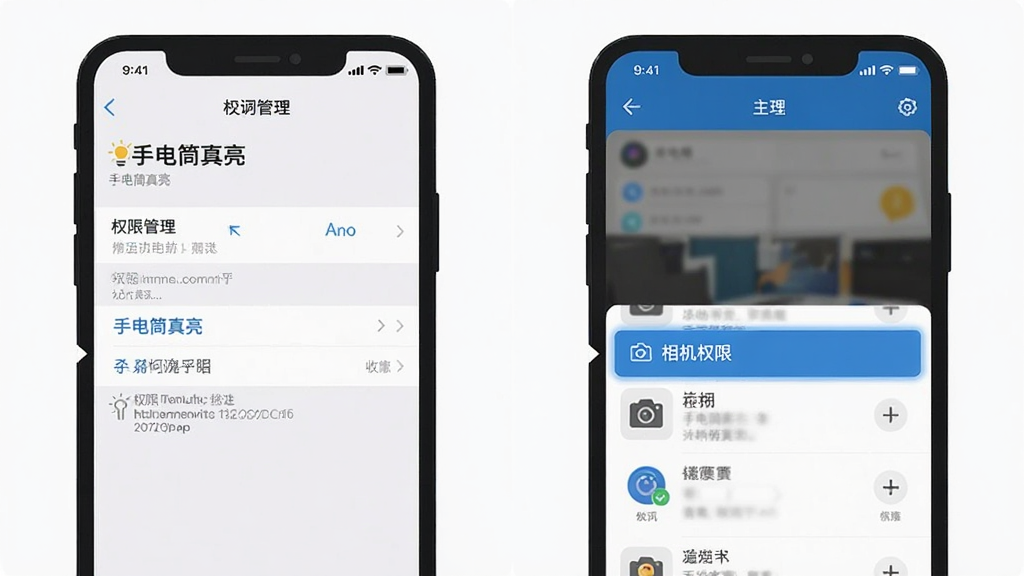 一张分步图解图片,左侧是手机设置界面,显示“手电筒真亮”的权限管理页面,右侧是应用主界面,高亮显示“相机权限”选项。风格为扁平化插画,清晰直观,画质干净,无多余元素。