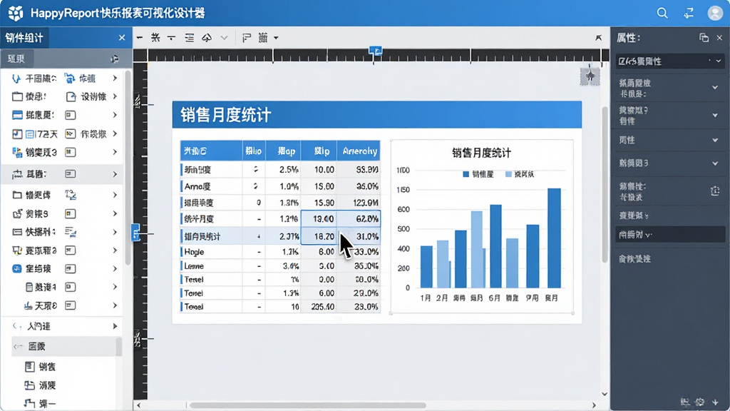 主体:HappyReport快乐报表可视化设计器截图,显示一个正在编辑的销售统计报表。布局:左侧是组件列表,中间是设计画布,右侧是属性面板。排版:画布上有一个标题“销售月度统计”、一个数据表格和一个柱状图。风格:界面清爽,蓝色调。细节:鼠标光标指向一个表格组件,显示拖拽状态,画布边缘有标尺。画质:高清,干净,无多余元素。