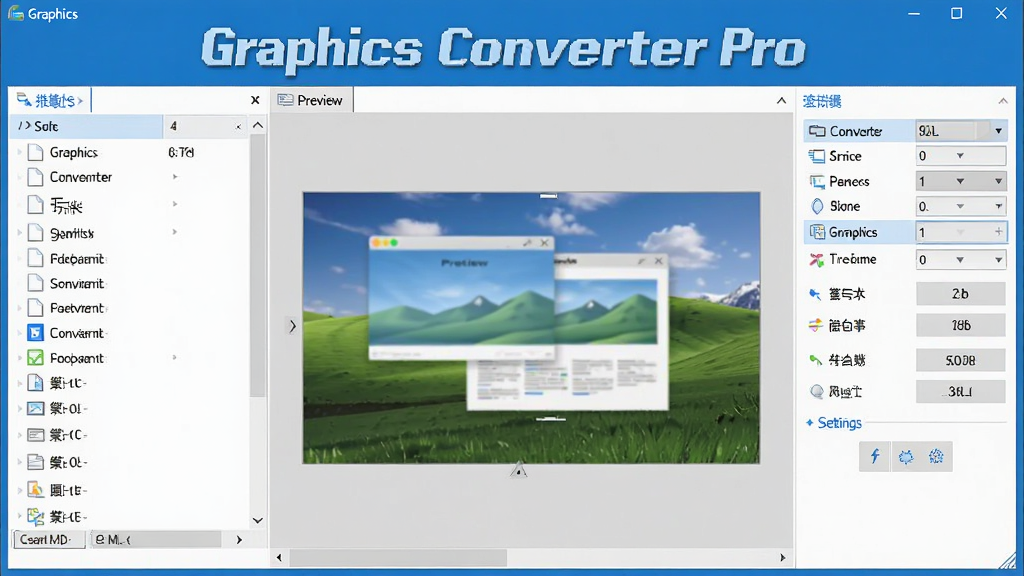 一张展示Graphics Converter Pro主界面的图片,界面左侧为文件列表,中间为预览区域,右侧为转换设置面板,整体风格简洁现代,色调以蓝白为主,软件名称“Graphics Converter Pro”以醒目字体显示在窗口顶部,界面布局清晰,功能按钮排列整齐,画质清晰,无多余元素