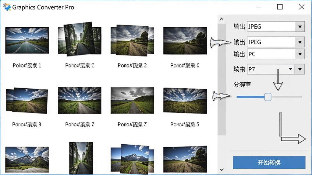一张展示Graphics Converter Pro批量转换功能的界面截图,图片列表中排列着各种格式的图像文件,右侧设置面板显示输出格式为JPEG,分辨率调节滑块,下方为“开始转换”按钮,软件名称“Graphics Converter Pro”在窗口标题栏显示,界面清晰,操作指引明确,画质干净,无多余元素