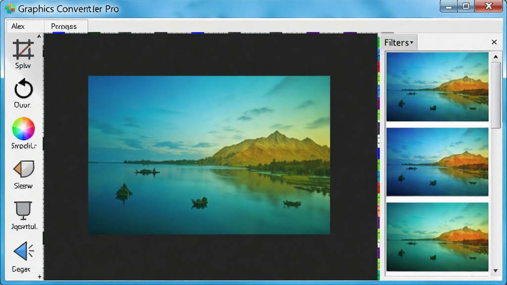 一张展示Graphics Converter Pro图像编辑功能的界面,左侧为工具栏,包含裁剪、旋转、调色等图标,中间为正在编辑的图片,右侧为滤镜效果预览区,软件名称“Graphics Converter Pro”在界面顶部,整体风格专业,色彩鲜艳,画质清晰,无多余元素
