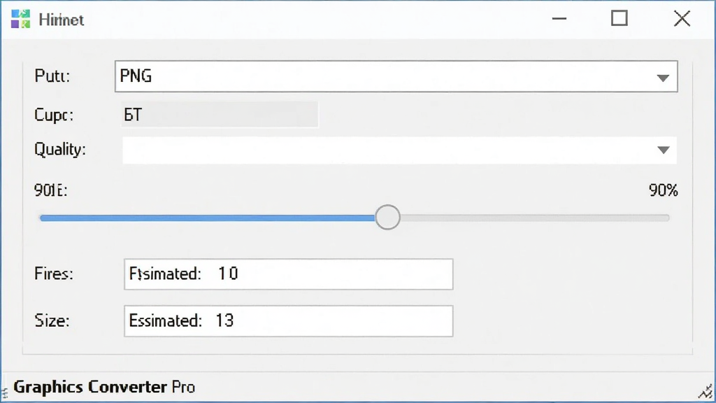 一张展示Graphics Converter Pro输出设置的界面,显示输出格式为PNG,质量滑块调节到90%,文件大小预估显示,软件名称“Graphics Converter Pro”在窗口底部状态栏,界面简洁,参数清晰,画质干净,无多余元素