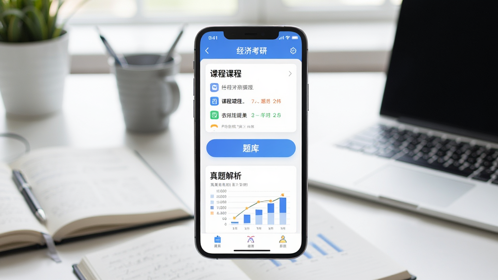主体为智能手机屏幕展示经济学考研APP界面,界面包含课程列表、题库按钮、真题解析图表,背景是书桌与笔记本电脑,布局居中,排版清晰,风格写实明亮,细节呈现APP图标与数据图表,画质高清干净无多余元素