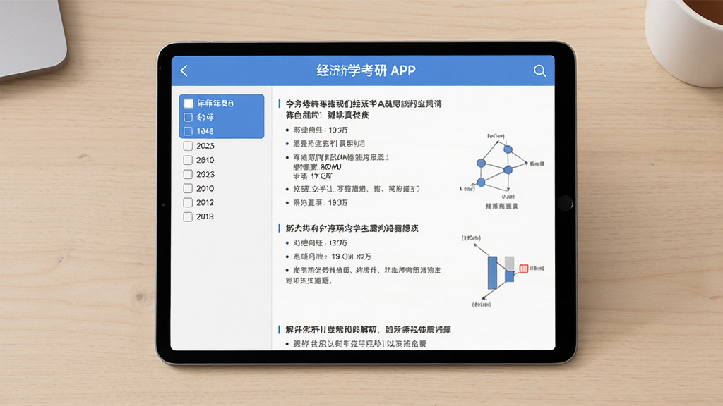 主体为平板电脑展示经济学考研APP的历年真题列表界面,左侧是年份选择栏,右侧是题目与解析,背景为浅色桌面,布局对称,排版规整,风格简洁现代,细节呈现真题文字与图表,画质干净无多余元素