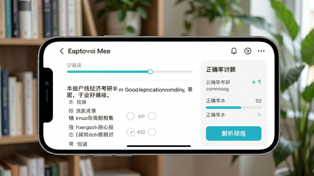 主体为手机横屏显示经济学考研APP的章节练习页面,屏幕上有进度条和正确率统计,背景为书架与绿植,布局均衡,排版清晰,风格清新自然,细节呈现题目选项与解析按钮,画质高清无多余元素