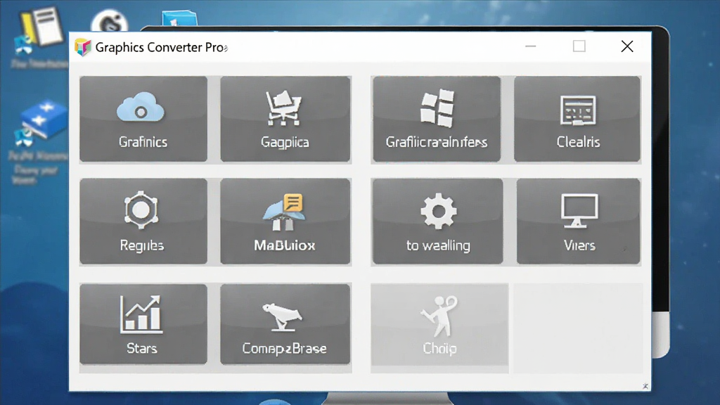 一张展示Graphics Converter Pro在电脑上运行的截图,界面清晰,功能按钮齐全,软件名称“Graphics Converter Pro”在窗口顶部,背景为桌面环境,整体画面干净,无多余元素
