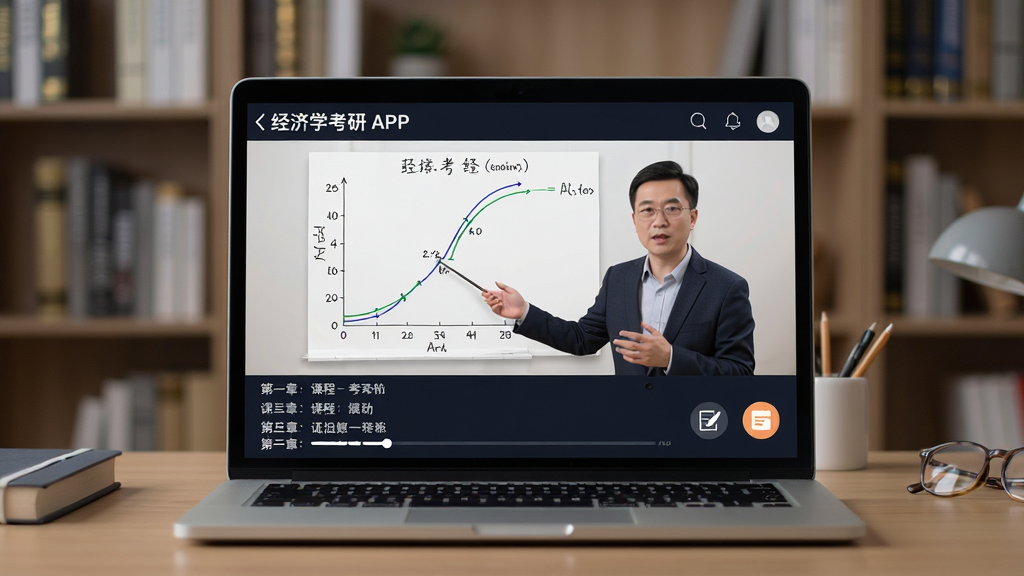 主体为笔记本电脑播放经济学考研APP的高清网课视频,画面中老师正在讲解经济学曲线图,屏幕下方有课程章节列表,背景为书房,布局层次分明,排版舒适,风格专业,细节呈现视频进度条与笔记图标,画质干净无多余元素