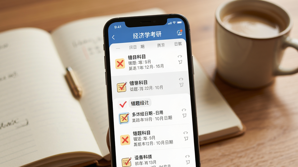 主体为手机屏幕展示经济学考研APP的错题本界面,列表显示错题科目与日期,背景为笔记本与咖啡杯,布局简洁,排版流畅,风格温馨,细节呈现错题红叉与笔记图标,画质干净无多余元素