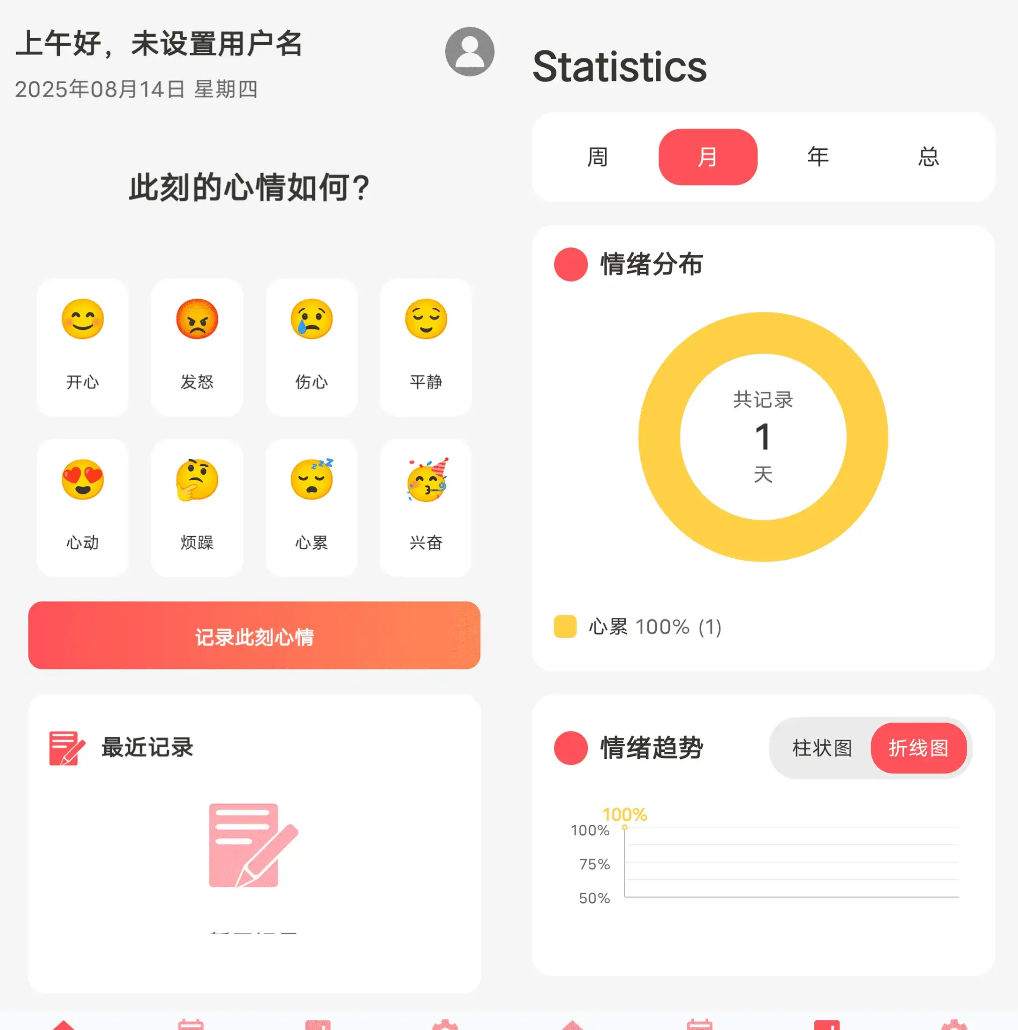 鹊哥心理app情绪日记功能界面,记录每日心情变化