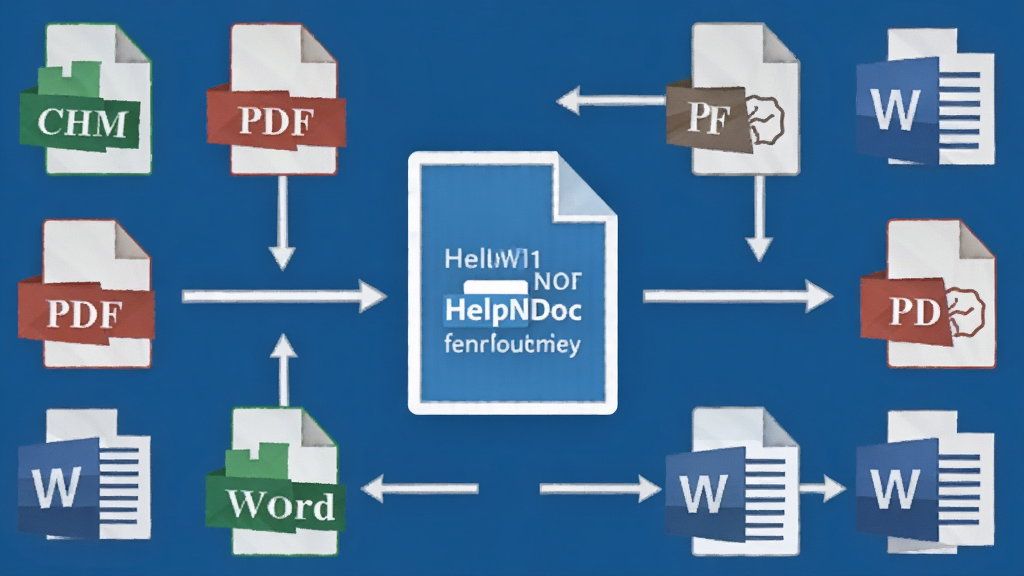 HelpNDoc多格式输出示意图,主体为各种文件格式图标(如CHM、PDF、Word)围绕一个中心文档,布局整齐,风格扁平化,细节突出格式转换流程,画质干净,无多余元素
