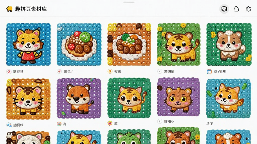 趣拼豆素材库界面预览图,展示多个分类的拼豆图纸缩略图,包括卡通、美食、动物等,排列整齐,色彩丰富,界面风格简约,画质清晰,无多余元素