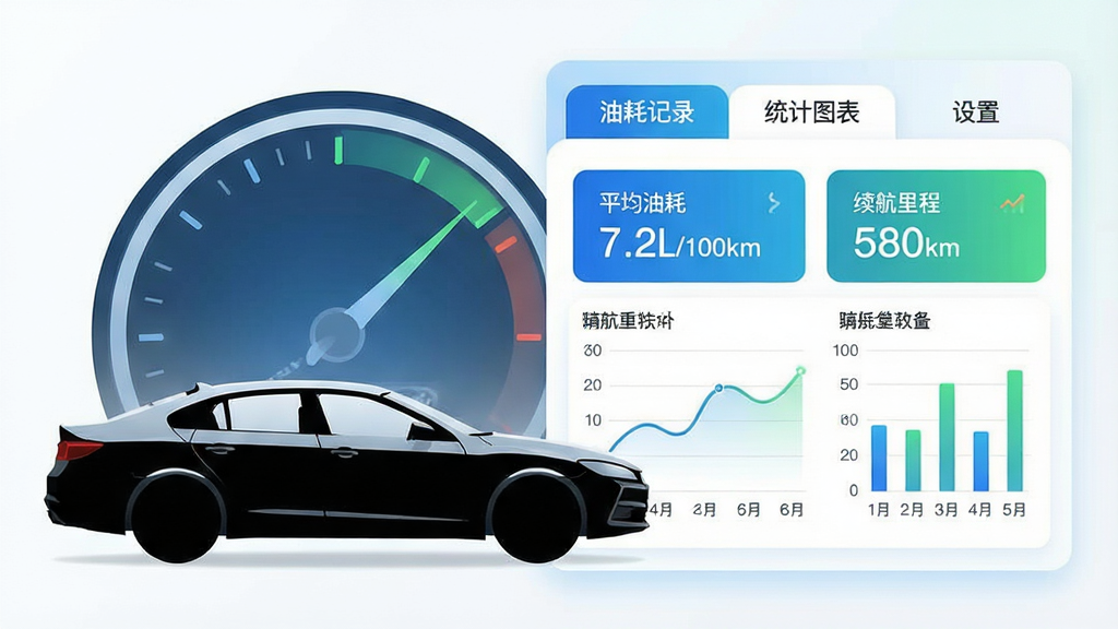 主体: helloworld油耗计算器软件主界面展示,一辆现代轿车侧面剪影与数字仪表盘叠加。布局: 左侧为汽车轮廓,右侧为软件界面卡片,上方显示“油耗记录”“统计图表”“设置”三个标签页。排版: 卡片式布局,采用蓝白渐变背景,界面元素整齐排列,突出数据可视化图表。风格: 现代扁平化设计,搭配科技蓝与清新绿点缀。细节: 界面中显示“平均油耗 7.2L/100km”、“续航里程 580km”等字样,并带有折线图与柱状图。画质: 高清渲染,干净无多余元素,整体明亮清晰。