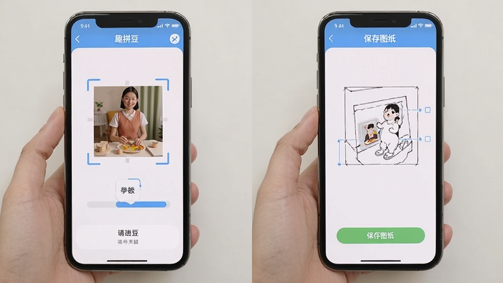 趣拼豆使用教程预览图,展示手机屏幕上的操作步骤,包括上传图片、调整参数、保存图纸等界面,步骤清晰,画面干净,无多余元素