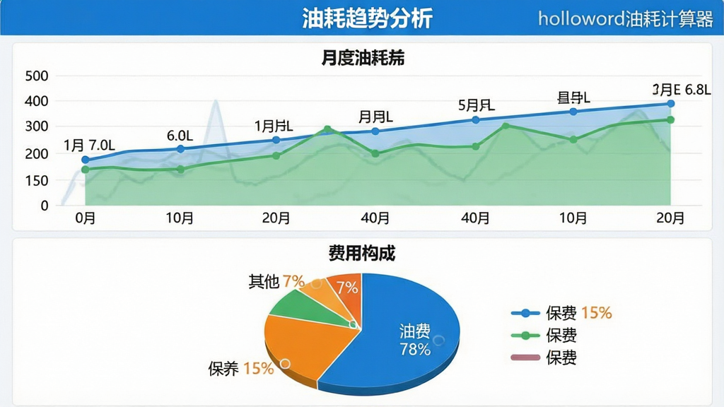 主体: helloworld油耗计算器“多维度数据统计”图表展示,包含折线图与饼图。布局: 上半部分为月度油耗折线图,下半部分为费用构成饼图。排版: 图表采用蓝、绿、橙配色,背景为白色,标题栏显示“油耗趋势分析”。风格: 数据可视化风格,清晰直观。细节: 折线图标注“1月 7.0L”“2月 6.8L”等数据点,饼图显示“油费 78%”“保养 15%”“其他 7%”,图表右上角有“helloworld油耗计算器”水印。画质: 高分辨率,干净无多余元素。