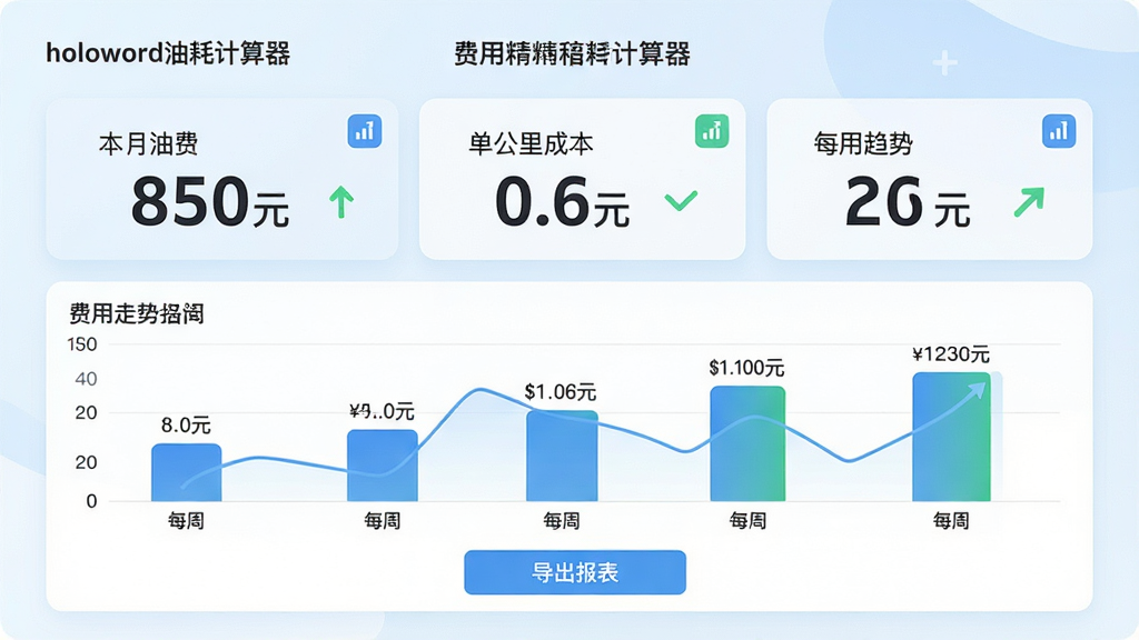 主体: helloworld油耗计算器“费用精细化管理”界面,显示费用统计数字与趋势箭头。布局: 上方为“本月油费 850元”“单公里成本 0.6元”等大字数据,下方为费用走势柱状图。排版: 数据卡片横向排列,背景为淡蓝色渐变。风格: 简约现代,强调数字清晰可读。细节: 每张卡片右上角有小图标,柱状图标注每周费用,底部有“导出报表”按钮,界面中显示“helloworld油耗计算器”标识。画质: 高清,干净无多余元素。