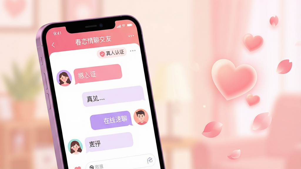 主体:一部亮着屏幕的智能手机,屏幕中展示“春恋情聊交友”APP的聊天界面,界面风格清新明快,有男女头像的对话气泡;布局:手机位于画面中央偏左,右侧留白并配有柔光爱心和花瓣飘落的动态元素;排版:整体构图平衡,突出APP界面,背景虚化处理;风格:现代扁平插画风,色彩明亮温暖,以粉色和淡紫色为主色调;细节:界面中显示“真人认证”和“在线速聊”字样,气泡内为简单的问候语,画质高清干净无多余元素