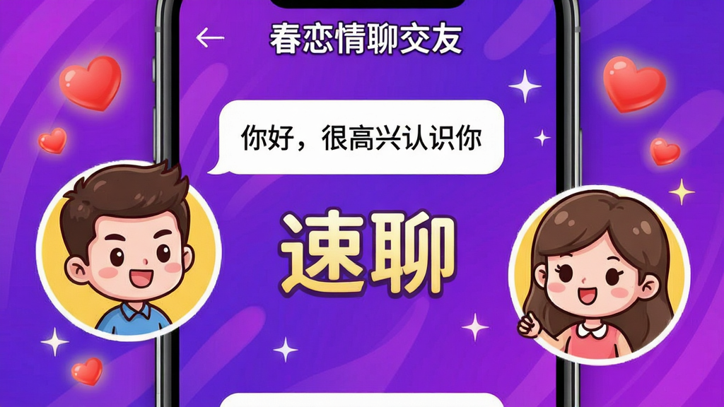 主体:两个卡通人物形象(一男一女)在手机屏幕中通过对话框交流,屏幕外有红色爱心和闪光特效;布局:手机屏幕占据画面主体,两个人物头像分列屏幕两侧,中间是对话气泡;排版:突出“速聊”概念,背景为动态的紫色渐变;风格:Q版卡通风格,人物表情生动活泼;细节:屏幕顶部有“春恋情聊交友”字样,气泡内有“你好,很高兴认识你”的文字,画质明亮干净