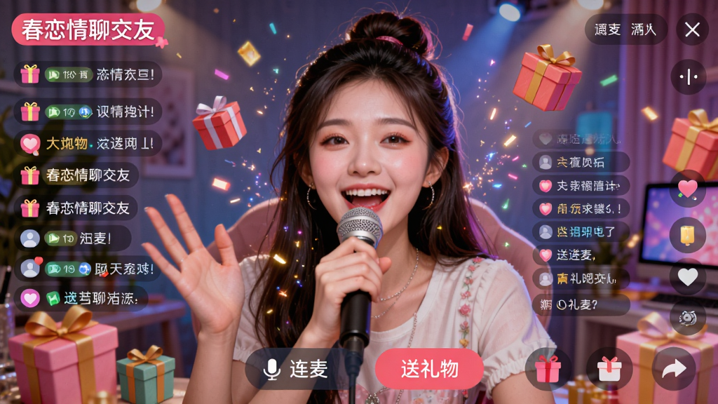 主体:一个色彩缤纷的直播间界面,中央是一位正在唱歌的年轻女主播,周围有弹幕和礼物特效;布局:主播位于画面中央,礼物特效和用户弹幕分布在画面两侧;排版:画面层次丰富,突出直播的欢乐氛围;风格:写实与插画结合,光影效果绚丽;细节:界面左上角有“春恋情聊交友”的logo,底部有“连麦”和“送礼物”按钮,画质高清富有动感