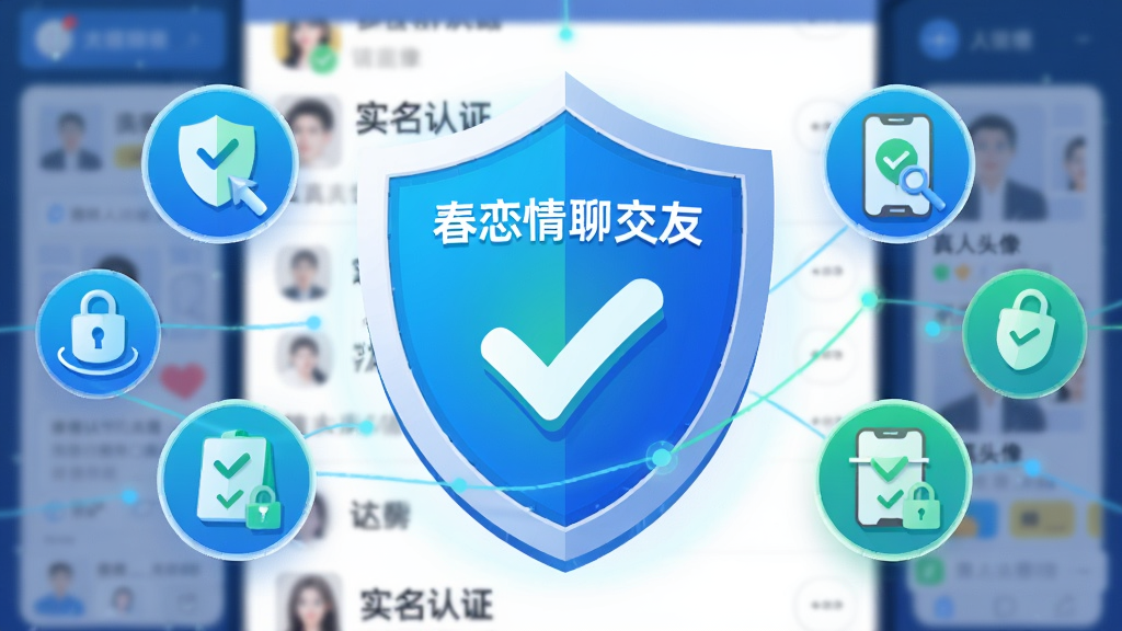 主体:一个盾牌图标中央带有对勾,盾牌周围环绕着身份认证和手机验证的图标,背景是模糊的社交界面;布局:盾牌位于画面中心,其他元素环绕排列;排版:对称式构图,强调安全感和信赖感;风格:科技感插画风,使用蓝色和绿色作为主色调;细节:盾牌上有“春恋情聊交友”字样,背景中隐约可见“实名认证”和“真人头像”的文字,画质干净清晰