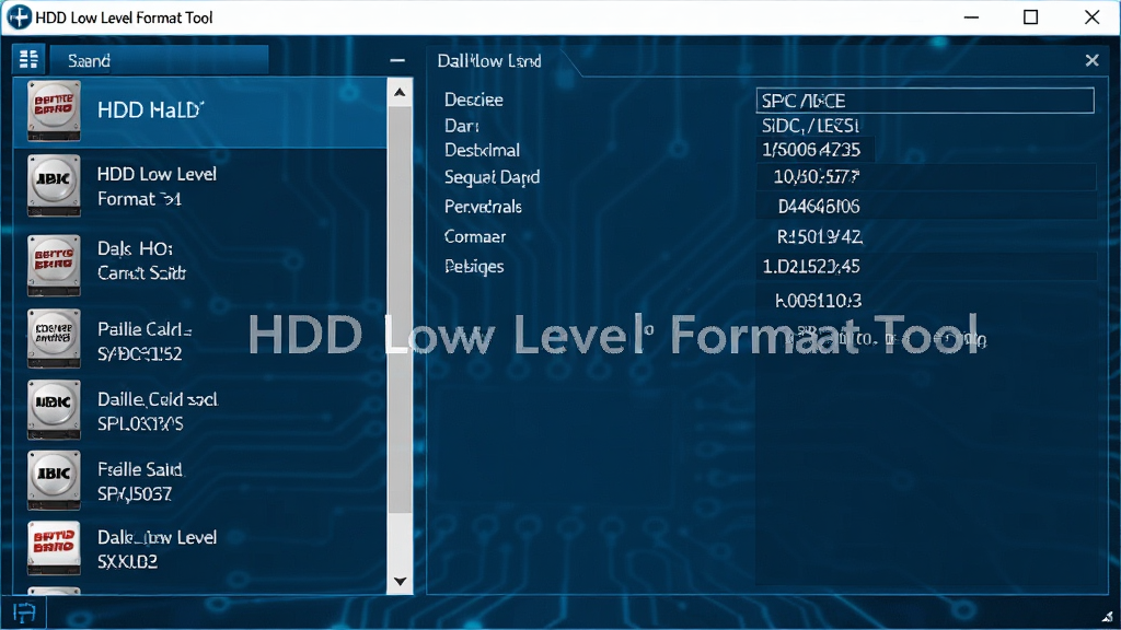 主体:HDD Low Level Format Tool软件界面展示硬盘列表,布局:左侧硬盘型号列表,右侧显示选中硬盘的详细信息,排版:列表清晰,信息完整,风格:科技感,蓝色背景,细节:硬盘品牌图标,容量,序列号,固件版本,画质:高清,干净,无多余元素,文字:“HDD Low Level Format Tool”水印