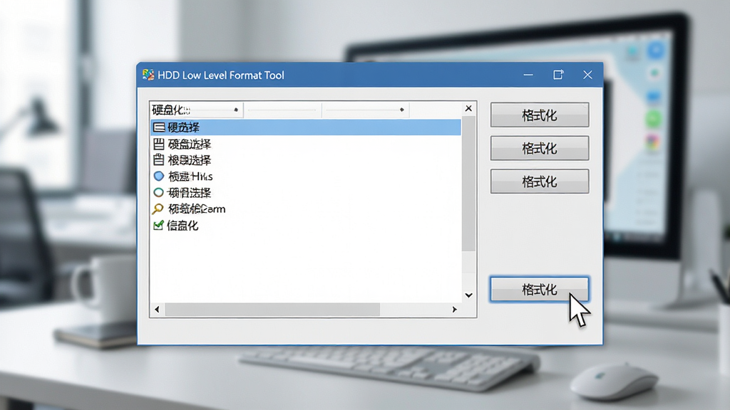 主体:电脑桌面显示HDD Low Level Format Tool运行界面,布局:界面中央为硬盘选择列表,右侧为操作按钮,排版:简洁明了,风格:现代办公室风格,背景模糊,细节:鼠标指针悬停在格式化按钮上,画质:高清,干净,无多余元素,文字:“格式化”按钮