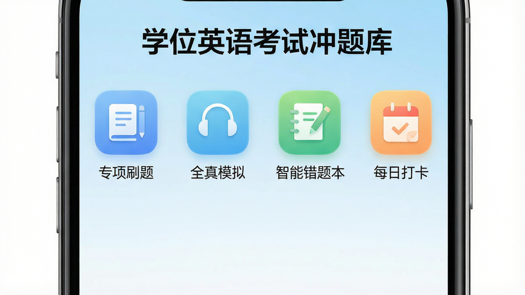 一张清晰的手机屏幕展示学位英语考试冲题库APP的主界面,界面顶部显示“学位英语考试冲题库”字样,下方排列着“专项刷题”、“全真模拟”、“智能错题本”、“每日打卡”等功能模块图标,整体风格简洁明亮,背景为淡蓝色渐变,图标采用圆角设计,画质高清,干净无多余元素