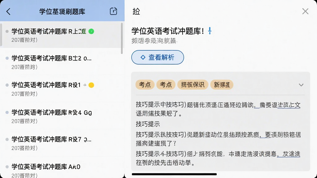 一张手机横屏截图,展示学位英语考试冲题库的专项刷题界面,左侧为题目列表,右侧为答题区域,题目下方显示“查看解析”按钮,解析区域包含考点标签和技巧提示,背景为浅灰色,界面布局清晰,画质高清,干净无多余元素