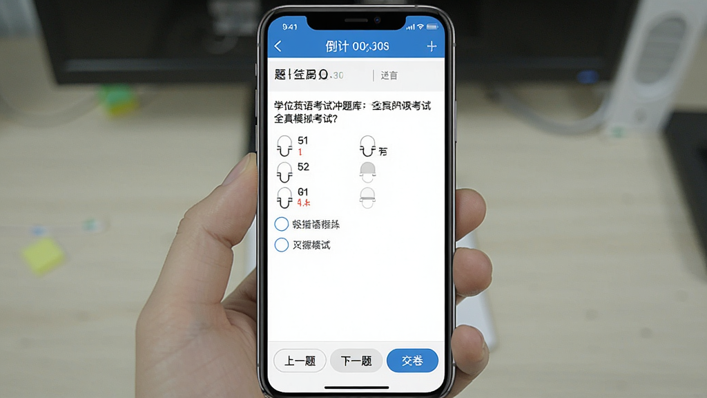 一张手机竖屏截图,展示学位英语考试冲题库的全真模拟考试界面,顶部显示倒计时和题目进度,中间为选择题题干和选项,底部为“上一题”“下一题”和“交卷”按钮,整体风格模拟真实考试环境,背景为白色,画质高清,干净无多余元素
