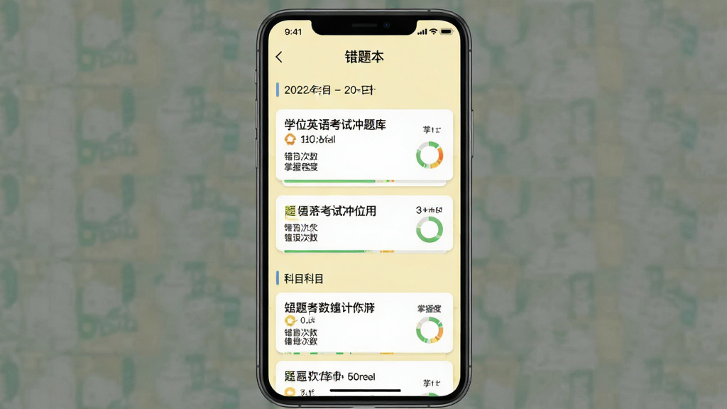 一张手机竖屏截图,展示学位英语考试冲题库的智能错题本界面,顶部为“错题本”标题,下方按日期和科目分组显示错题列表,每个错题卡片上显示题目、错误次数和掌握程度图标,背景为浅黄色,画质高清,干净无多余元素