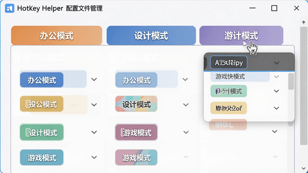 主体:Hotkey Helper的配置文件管理界面,展示多个配置文件的标签页。布局:顶部是横向排列的配置文件标签,如“办公模式”、“设计模式”、“游戏模式”,当前选中“设计模式”。排版:每个标签页有独立的颜色标识,下方内容区域展示该模式下的快捷键列表。风格:简洁的标签式设计,色彩区分明显。细节:鼠标悬停在“游戏模式”标签上,有浮动的预览窗口显示部分游戏快捷键。画质:清晰、干净、无多余元素。