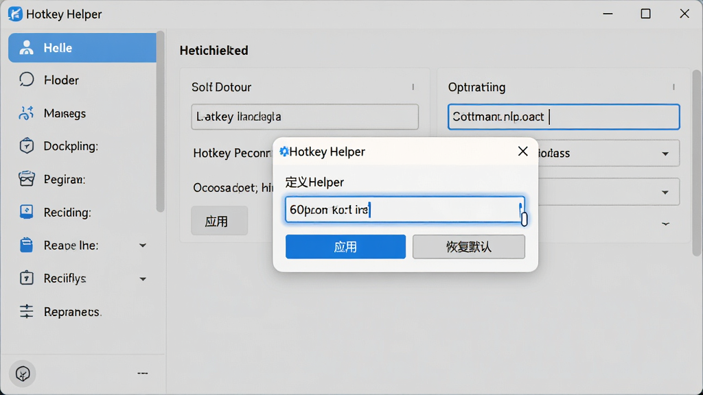 主体:Hotkey Helper软件主界面,展示简洁的快捷键设置面板。布局:左侧为功能分类列表,右侧为详细的快捷键配置区域,中心位置高亮显示一个自定义快捷键的设置窗口。排版:清晰的信息层级,分类导航与配置区域分明,整体采用浅色背景搭配蓝色高亮元素。风格:现代扁平化设计,界面干净整洁,图标线条流畅。细节:快捷键输入框处于激活状态,带有蓝色边框和光标闪烁,下方有“应用”和“恢复默认”按钮。画质:高清、干净、无多余元素。